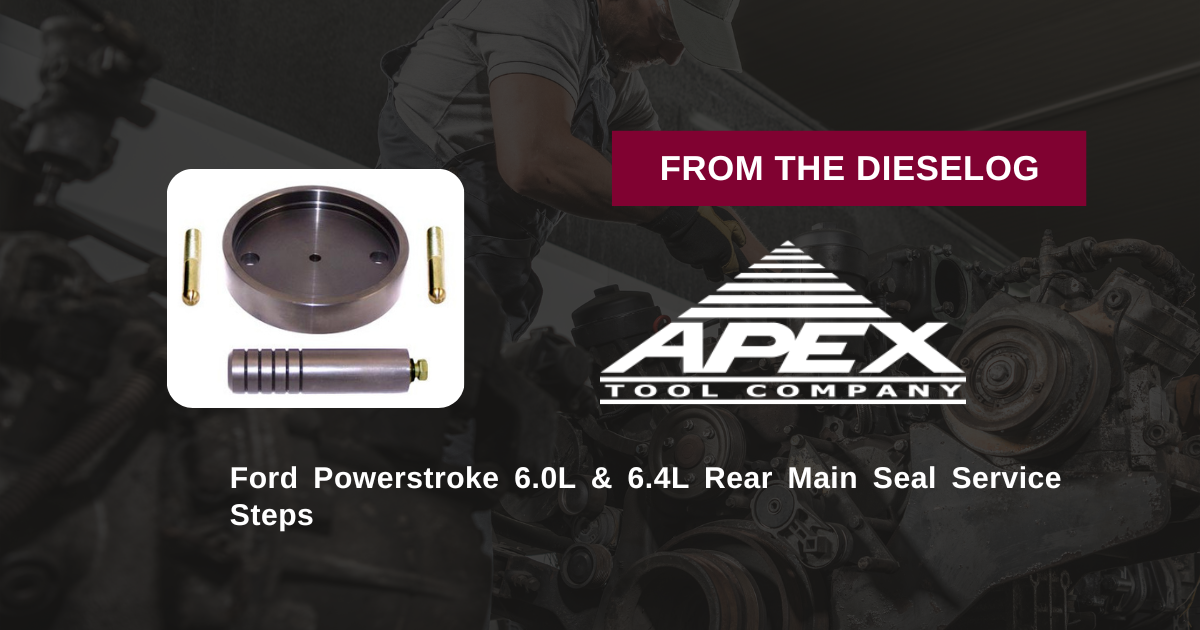 Step-by-step close up view of heavy-duty Powerstroke rear seal installer tool mounted on a crankshaft flange